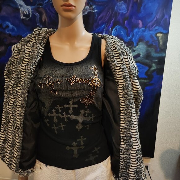 LaSeine Short Faux Fur Jacket Size Large Black and White Design Soooo Soft - Picture 14 of 15